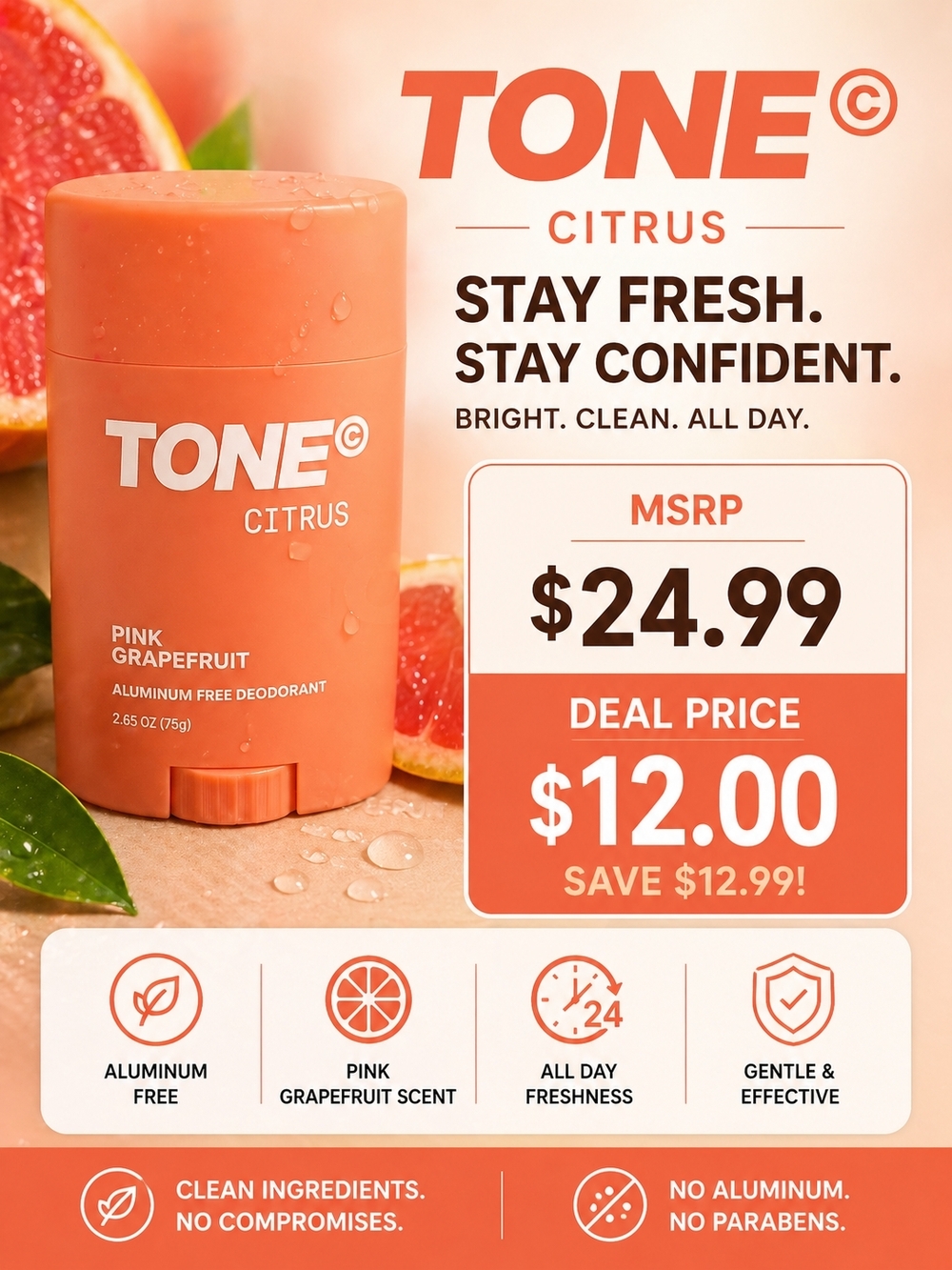TONE Citrus Pink Grapefruit Deodorant Stick - Coral Peach
